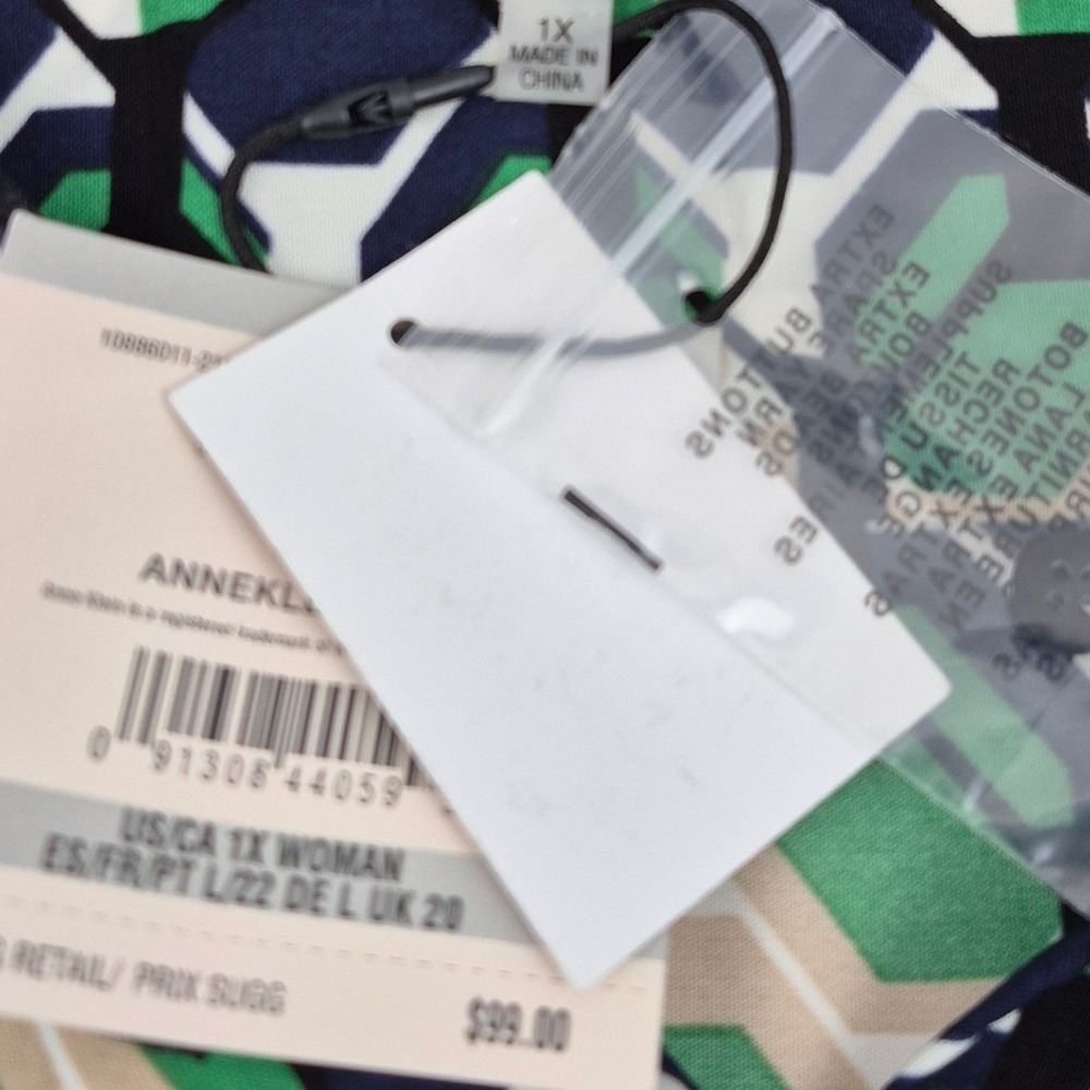Anne Klein Geo Printed Poet Blouse Women's 1X Green Tan Covered Placket Top NWT - Picture 5 of 16